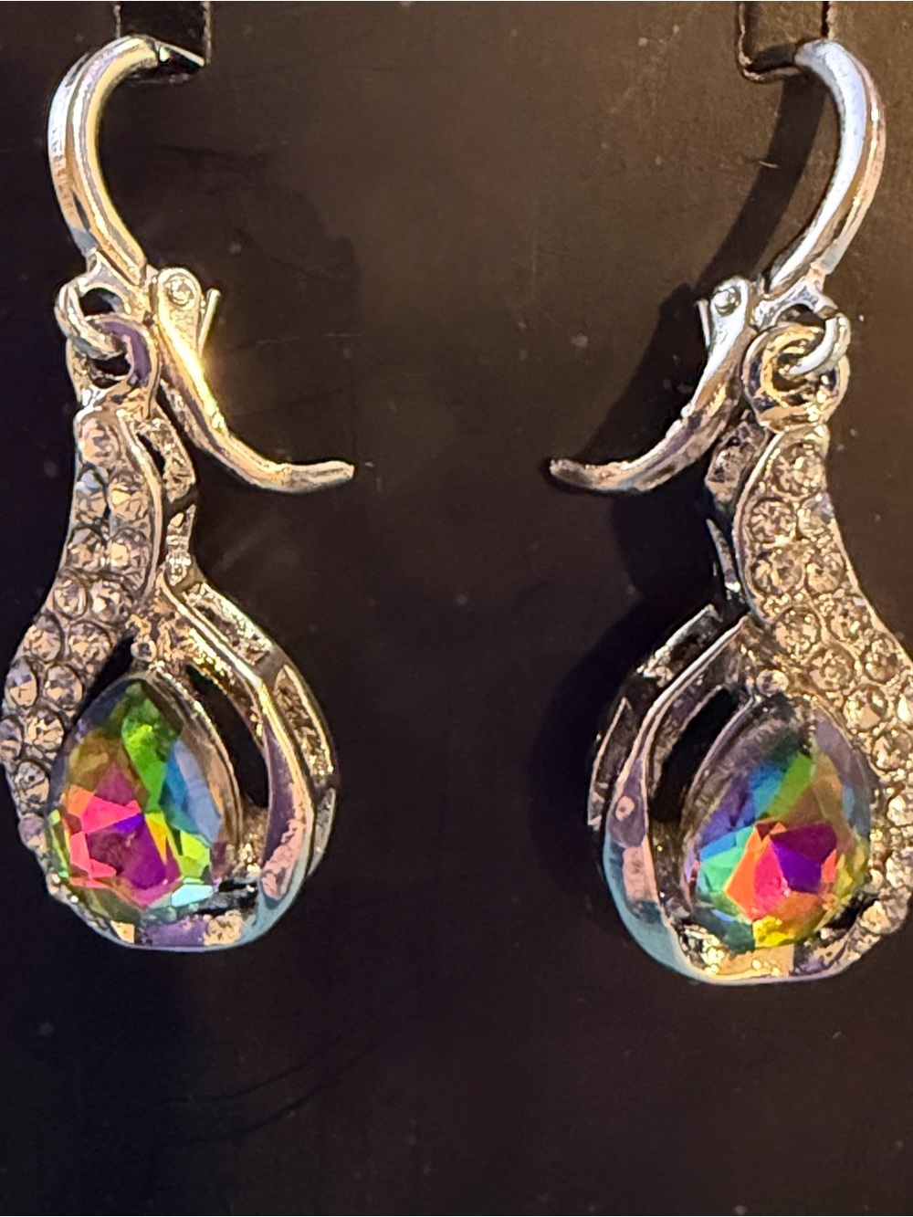 Silver-tone Rainbow Teardrop Crystal Drop Earrings